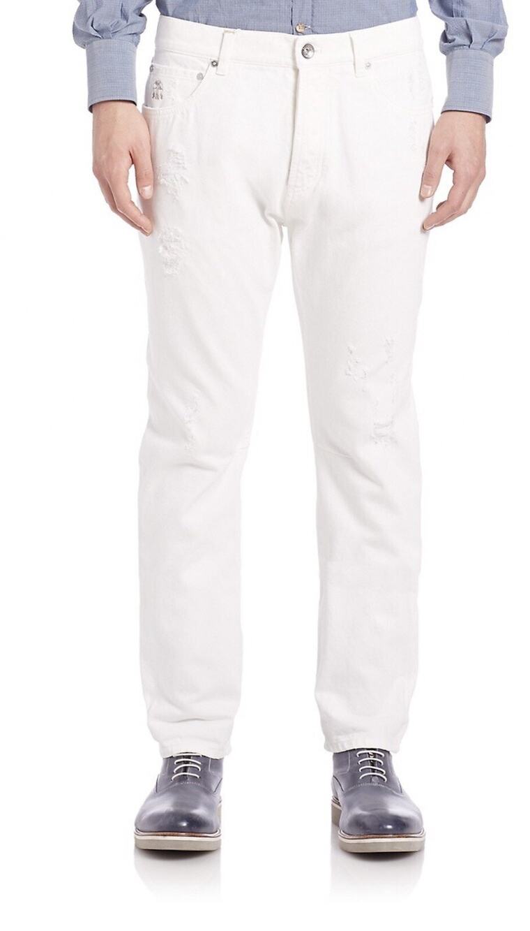 NWT Brunello Cucinelli White Distressed Logo Slim-Fit Jeans 56EU/40US $895.00